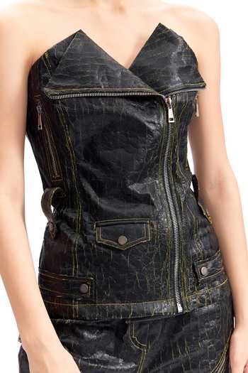 Cilvr_Black Polyester Buckles, Studs Asymmetric Cracked Leather Biker Corset _Online_at_Aza_Fashions