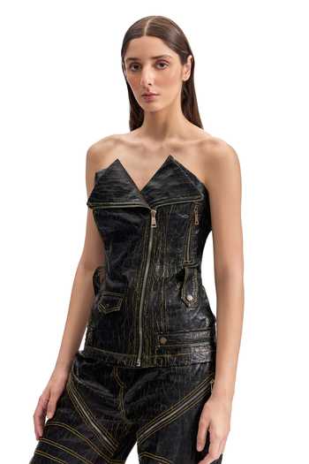 Shop_Cilvr_Black Polyester Buckles, Studs Asymmetric Cracked Leather Biker Corset _Online_at_Aza_Fashions