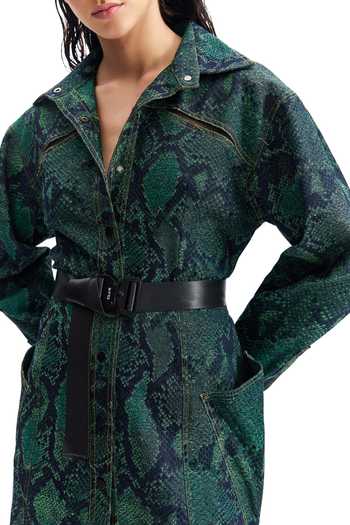 Cilvr_Green Cotton, Polyester Collared Serpent Denim Trucker Shirt Dress _Online_at_Aza_Fashions