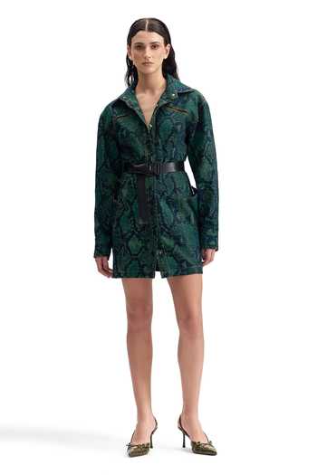 Cilvr_Green Cotton, Polyester Collared Serpent Denim Trucker Shirt Dress _at_Aza_Fashions