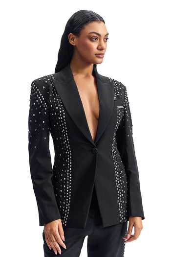 Shop_Cilvr_Black Viscose, Polyester Stud Armour Midnight Suit Set 