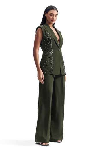 Shop_Cilvr_Green Viscose, Polyester Stud Armour Sleeveless Suit Set _Online_at_Aza_Fashions