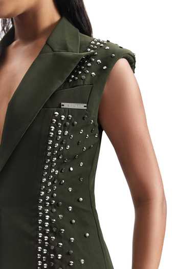 Cilvr_Green Viscose, Polyester Stud Armour Sleeveless Suit Set _at_Aza_Fashions