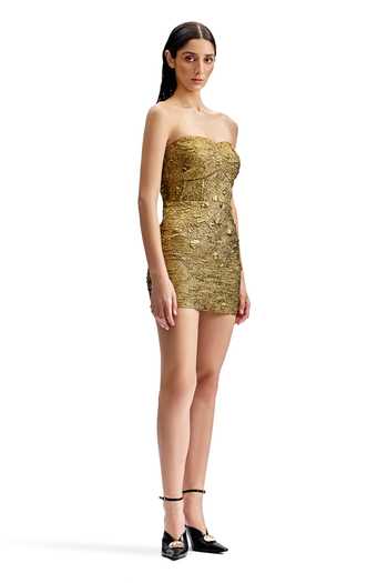 Buy_Cilvr_Gold Polyester Sweetheart Neck Sculpted Corset Dress _Online_at_Aza_Fashions