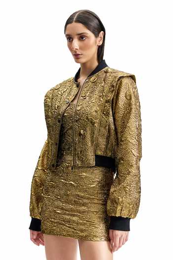 Cilvr_Gold Polyester Mandarin Collar Antique Bomber Jacket _Online_at_Aza_Fashions