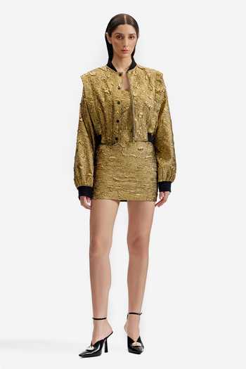 Buy_Cilvr_Gold Polyester Mandarin Collar Antique Bomber Jacket _Online_at_Aza_Fashions