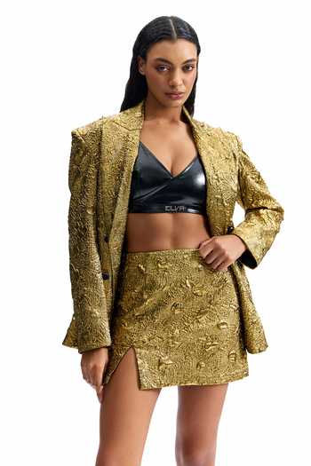 Shop_Cilvr_Gold Polyester Antique Blazer And Skirt Set 