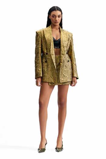 Cilvr Antique Gold Polyester Blazer & Skirt Set 