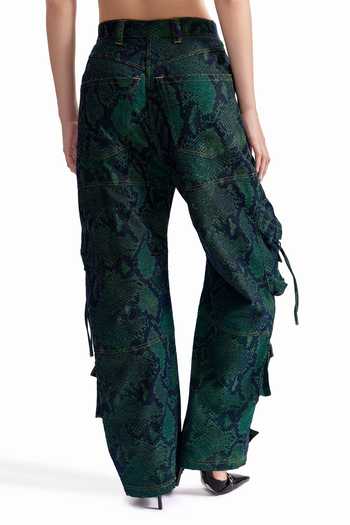 Buy_Cilvr_Green Cotton, Polyester Serpent Cargo Denim Pant _Online_at_Aza_Fashions