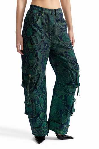 Shop_Cilvr_Green Cotton, Polyester Serpent Cargo Denim Pant _Online_at_Aza_Fashions