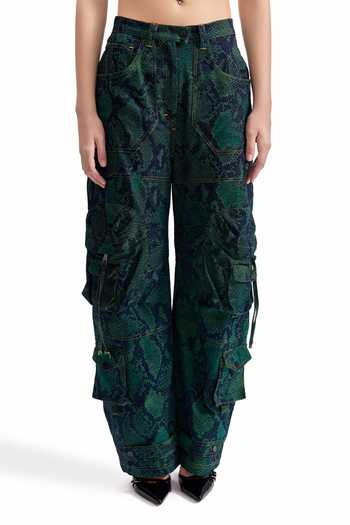 Cilvr_Green Cotton, Polyester Serpent Cargo Denim Pant _at_Aza_Fashions