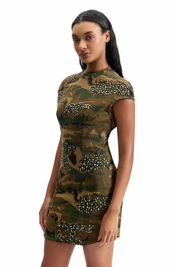 Buy_Cilvr_Green Cotton High Neck Tactical Camo Studded Dress _Online_at_Aza_Fashions