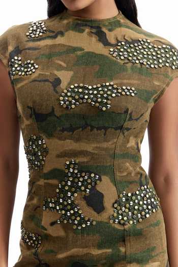 Cilvr_Green Cotton High Neck Tactical Camo Studded Dress _at_Aza_Fashions