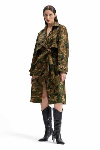 Buy_Cilvr_Green Cotton Collared Studded Camo Trench Jacket _Online_at_Aza_Fashions