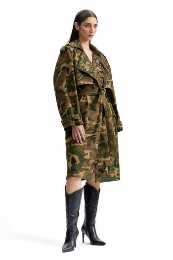 Shop_Cilvr_Green Cotton Collared Studded Camo Trench Jacket _Online_at_Aza_Fashions