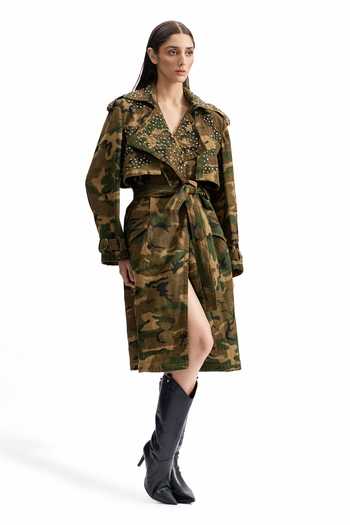 Cilvr_Green Cotton Collared Studded Camo Trench Jacket _at_Aza_Fashions