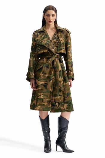 Buy_Cilvr_Green Cotton Collared Studded Camo Trench Jacket 