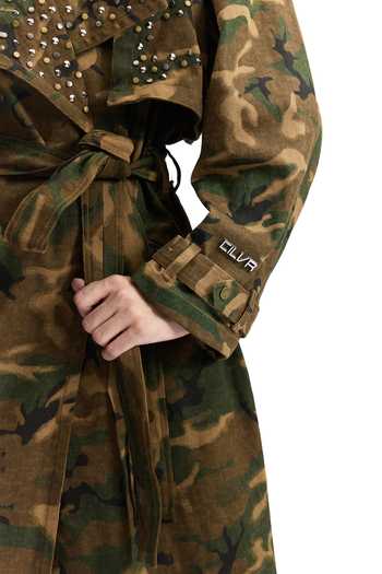 Shop_Cilvr_Green Cotton Collared Studded Camo Trench Jacket 