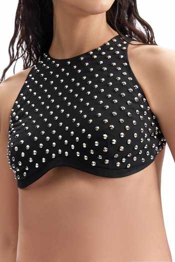 Cilvr_Black Polyester Halter Neck Armour Stud Crop Top _Online_at_Aza_Fashions