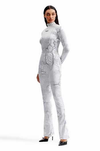 Cilvr_White Polyester, Spandex High Neck Entangled Mesh Sculpted Bodysuit And Pant Set _at_Aza_Fashions