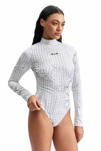 Buy_Cilvr_White Polyester, Spandex High Neck Entangled Mesh Sculpted Bodysuit And Pant Set 
