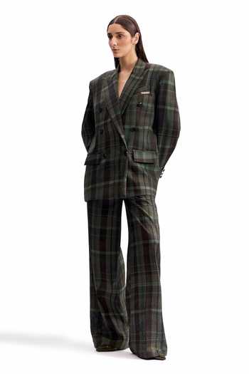 Buy_Cilvr_Green Viscose, Polyester Distorted Plaid Power Blazer _Online_at_Aza_Fashions
