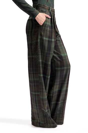 Buy_Cilvr_Green Viscose, Polyester Distorted Plaid Trouser _Online_at_Aza_Fashions