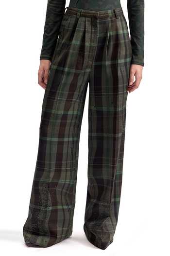 Shop_Cilvr_Green Viscose, Polyester Distorted Plaid Trouser _Online_at_Aza_Fashions