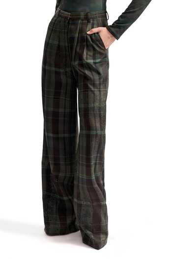 Cilvr_Green Viscose, Polyester Distorted Plaid Trouser _at_Aza_Fashions