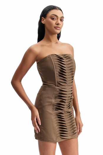 Cilvr_Brown Viscose, Polyester Bandeau Neck Contour Pleated Strapless Mini Dress _Online_at_Aza_Fashions