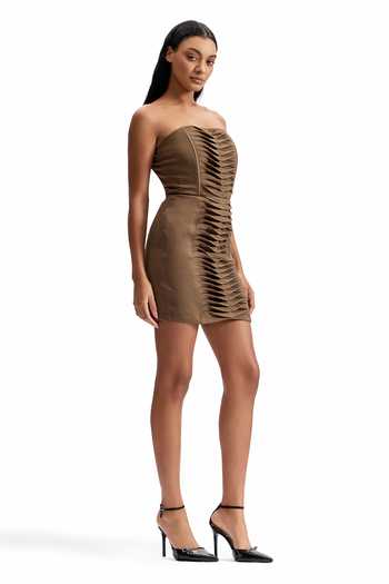 Buy_Cilvr_Brown Viscose, Polyester Bandeau Neck Contour Pleated Strapless Mini Dress _Online_at_Aza_Fashions