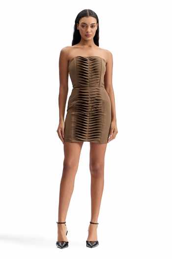 Shop_Cilvr_Brown Viscose, Polyester Bandeau Neck Contour Pleated Strapless Mini Dress _Online_at_Aza_Fashions