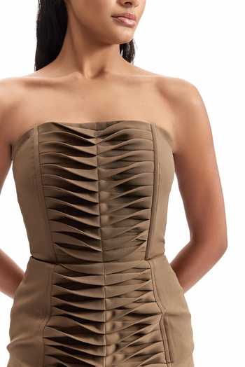 Cilvr_Brown Viscose, Polyester Bandeau Neck Contour Pleated Strapless Mini Dress _at_Aza_Fashions
