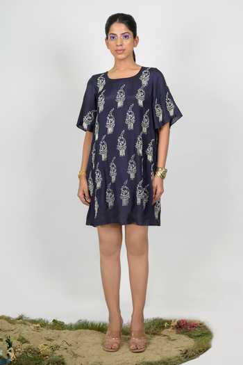 Agraj Jain_Navy Silk, Viscose, Bamboo Square Neck Fish On Lotus Motif Embroidered Dress _Online_at_Aza_Fashions