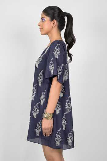 Buy_Agraj Jain_Navy Silk, Viscose, Bamboo Square Neck Fish On Lotus Motif Embroidered Dress _Online_at_Aza_Fashions