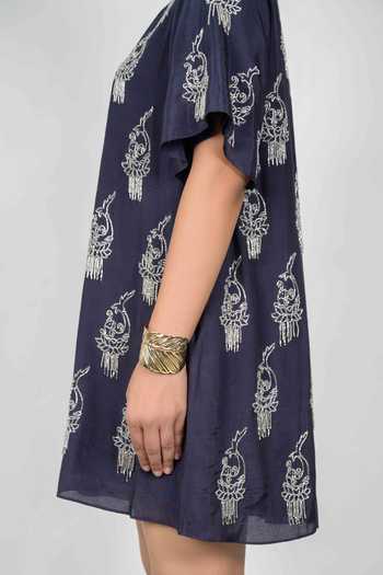 Shop_Agraj Jain_Navy Silk, Viscose, Bamboo Square Neck Fish On Lotus Motif Embroidered Dress _Online_at_Aza_Fashions