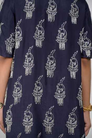 Agraj Jain_Navy Silk, Viscose, Bamboo Square Neck Fish On Lotus Motif Embroidered Dress _at_Aza_Fashions
