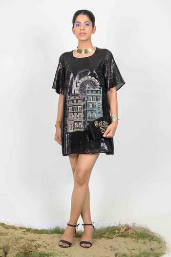 Agraj Jain_Black Viscose Round Neck London Sky Scrapper Embroidered Dress _Online_at_Aza_Fashions