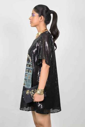 Buy_Agraj Jain_Black Viscose Round Neck London Sky Scrapper Embroidered Dress _Online_at_Aza_Fashions