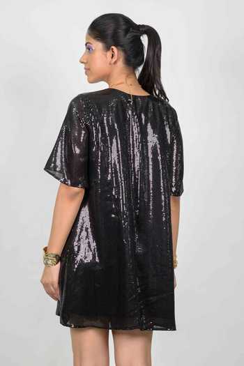 Shop_Agraj Jain_Black Viscose Round Neck London Sky Scrapper Embroidered Dress _Online_at_Aza_Fashions