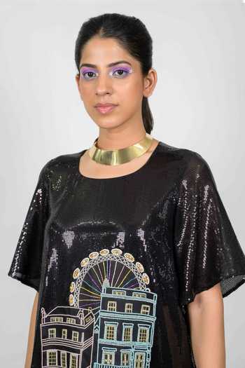 Agraj Jain_Black Viscose Round Neck London Sky Scrapper Embroidered Dress _at_Aza_Fashions