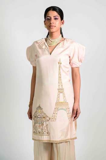 Buy_Agraj Jain_Peach Viscose, Bamboo V-neck Paris Eiffel Tower Carousel Kurta And Pant Set _Online_at_Aza_Fashions