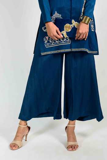 Agraj Jain_Blue Viscose, Bamboo Collared Paris Eiffel Tower Carousel Jacket And Pant Set _Online_at_Aza_Fashions