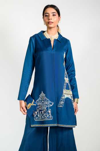 Buy_Agraj Jain_Blue Viscose, Bamboo Collared Paris Eiffel Tower Carousel Jacket And Pant Set _Online_at_Aza_Fashions