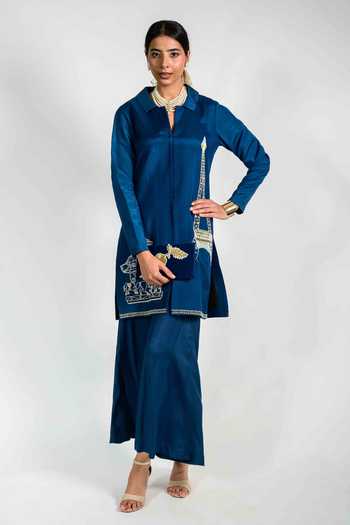 Shop_Agraj Jain_Blue Viscose, Bamboo Collared Paris Eiffel Tower Carousel Jacket And Pant Set _Online_at_Aza_Fashions