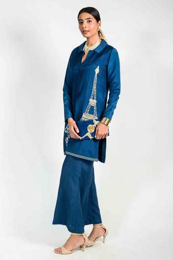 Agraj Jain_Blue Viscose, Bamboo Collared Paris Eiffel Tower Carousel Jacket And Pant Set _at_Aza_Fashions