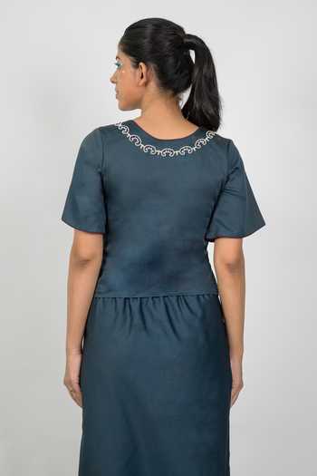 Agraj Jain_Teal Silk, Viscose, Bamboo Round Neck Hindi Letters Embroidered Top And Pant Set _Online_at_Aza_Fashions
