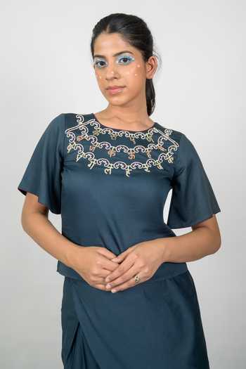 Buy_Agraj Jain_Teal Silk, Viscose, Bamboo Round Neck Hindi Letters Embroidered Top And Pant Set _Online_at_Aza_Fashions
