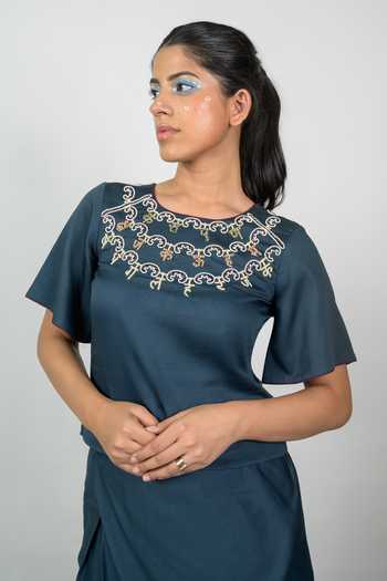 Shop_Agraj Jain_Teal Silk, Viscose, Bamboo Round Neck Hindi Letters Embroidered Top And Pant Set _Online_at_Aza_Fashions