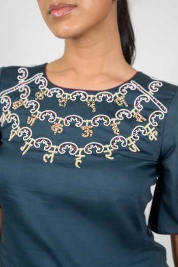 Agraj Jain_Teal Silk, Viscose, Bamboo Round Neck Hindi Letters Embroidered Top And Pant Set _at_Aza_Fashions